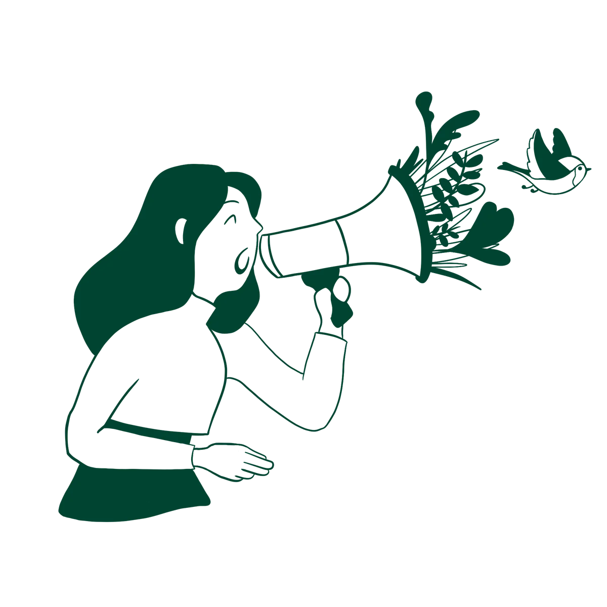 Illustration of a woman speaking into a megaphone with plants and a bird sprouting from it in dark green.