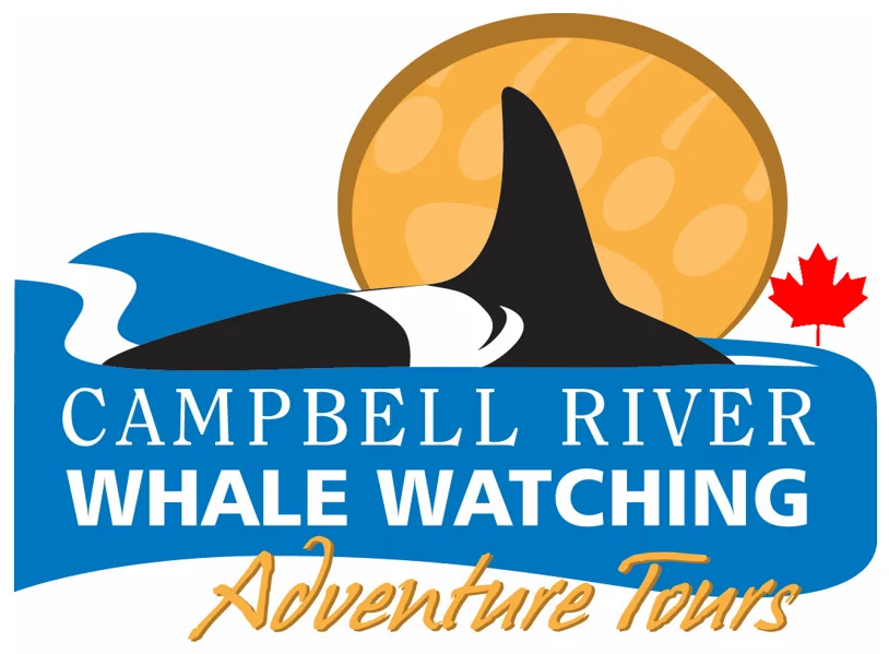 Campbell River Whale Watching Adventure Tours logo featuring an orca's dorsal fin, waves, moon, and Canadian maple leaf.