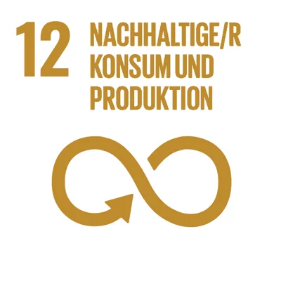 SDG 12 icon: Gold infinity symbol with arrow representing sustainable consumption and production