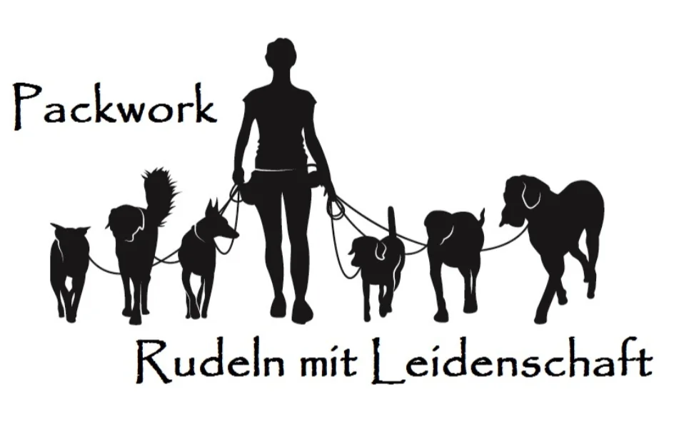Silhouette of a woman walking multiple dogs on leashes with text 
