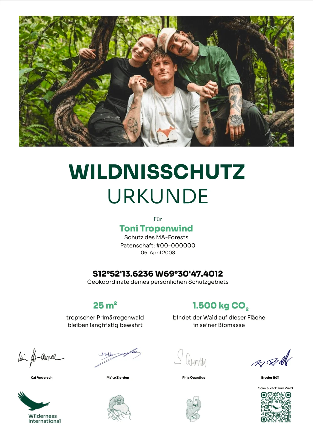 Three men pose in a tree on a wildlife protection certificate displaying coordinates and carbon offset details.