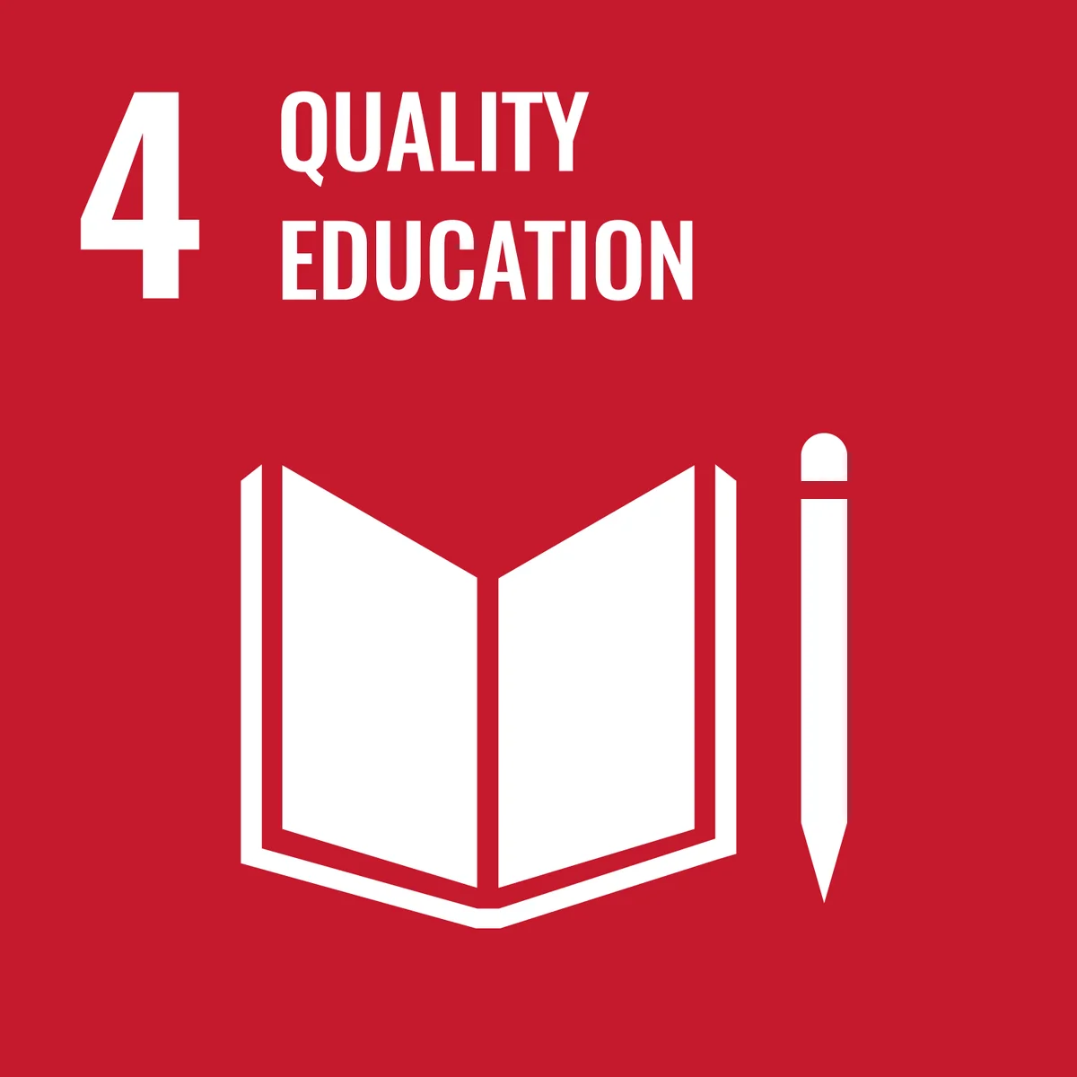 ODS 4: Educación de Calidad – icono blanco con libro abierto y pluma sobre fondo rojo