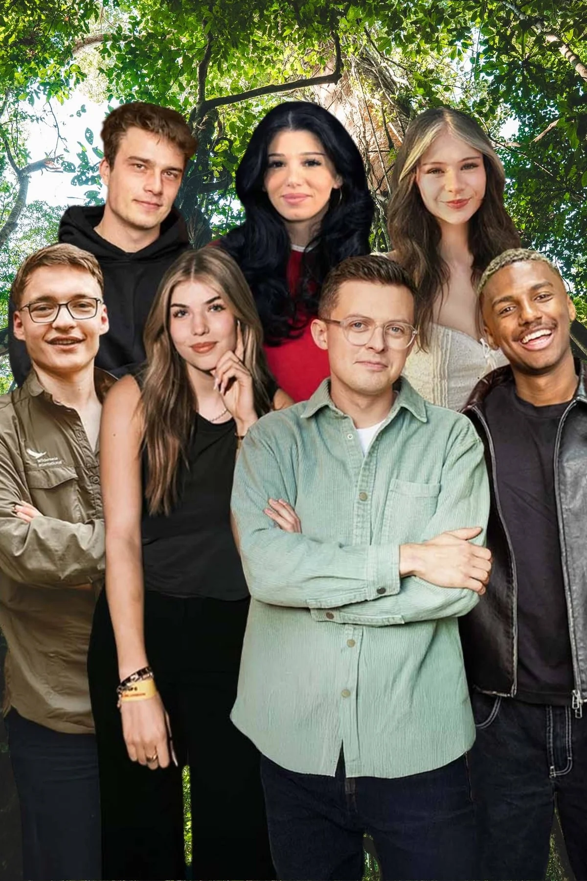 Group portrait of seven young people posed together against green leafy foliage. Diverse ethnicities, casual clothing, and varied expressions.