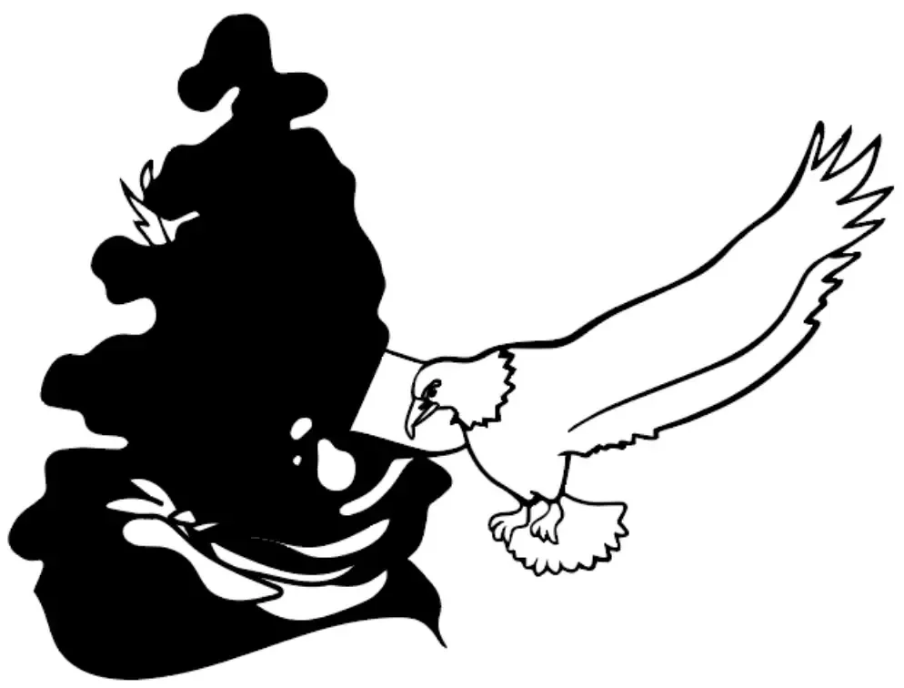 Cartoon illustration of a stout figure surrounded by bananas seated beside an eagle with spread wings in flight.