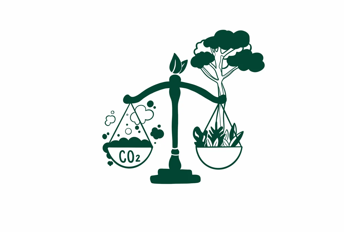 Balanza con árbol y símbolo CO2 que representa el equilibrio entre dióxido de carbono y crecimiento vegetal