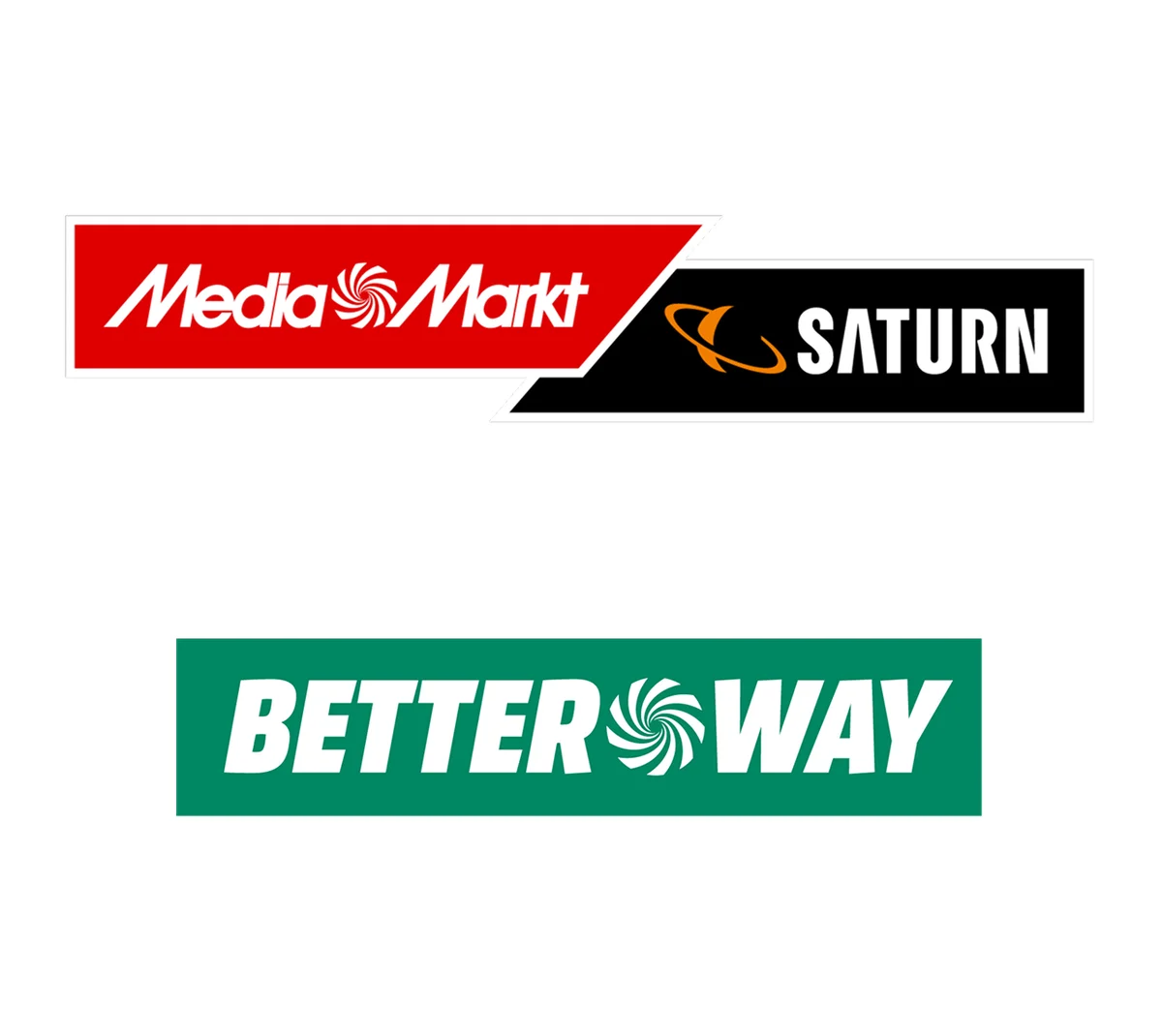 Logotipos de MediaMarkt, Saturn y BetterWay mostrados uno al lado del otro sobre fondo blanco.