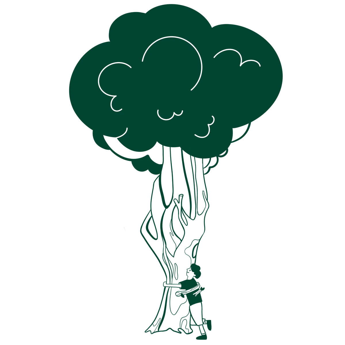Child hugging a large tree with green foliage and visible roots in a minimalist illustration style