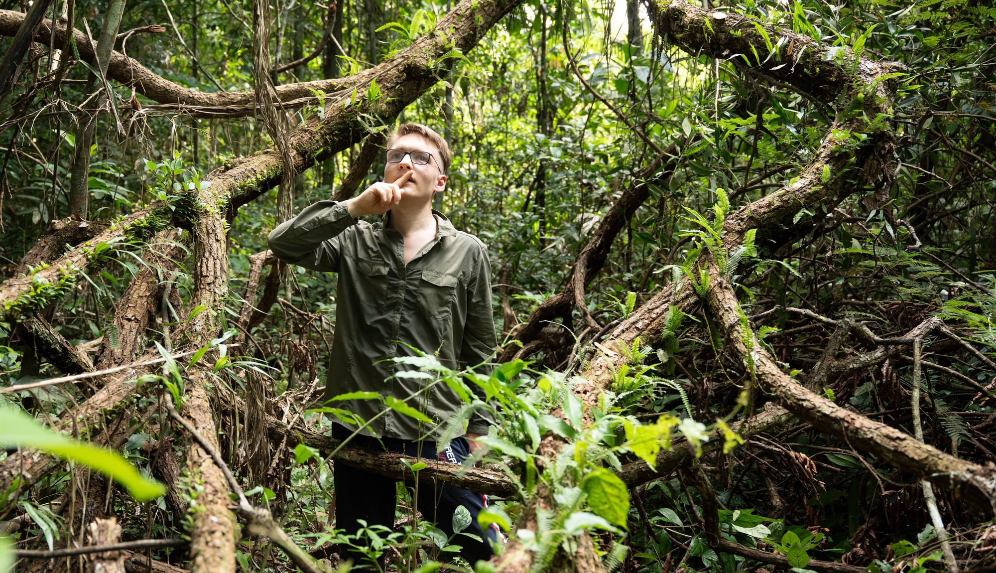 Researcher in khaki jacket exploring dense rainforest, surrounded by thick branches and lush green vegetation.