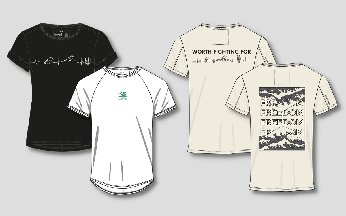Four t-shirt designs displayed: black heartbeat graphic tee, white raglan shirt, and two cream-coloured shirts with 