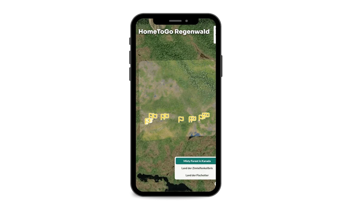 Teléfono inteligente mostrando app HomeToGo Regenwald con vista aérea de bosque, marcadores amarillos e información