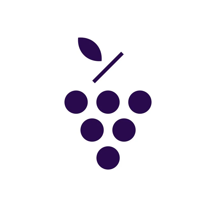 Grape bunch icon with dark blue circles arranged in grape cluster shape with leaf and stem
