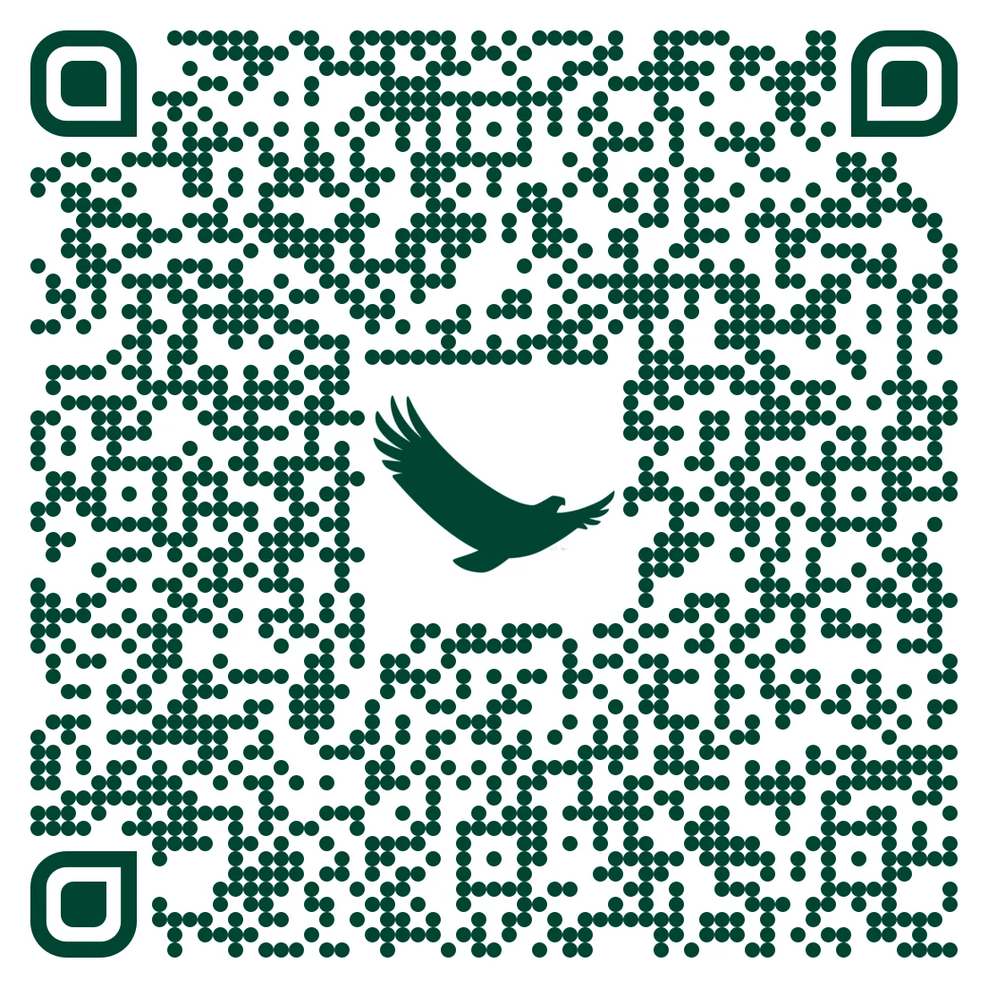Código QR compuesto por puntos verde oscuro con un símbolo de pájaro volando en el centro