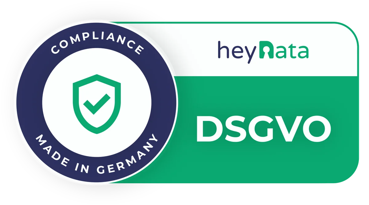 heydata GDPR compliance badge featuring a green shield with checkmark and dark blue certification seal marked 