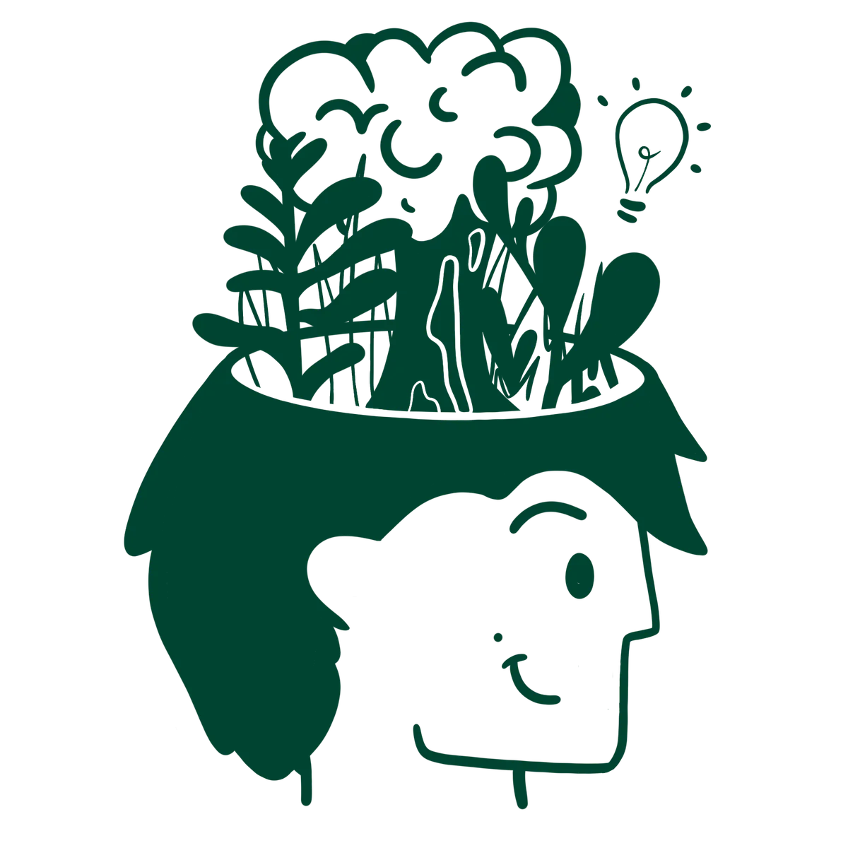 Head silhouette with brain made of plants and lightbulb, symbolizing creative thinking and growth.