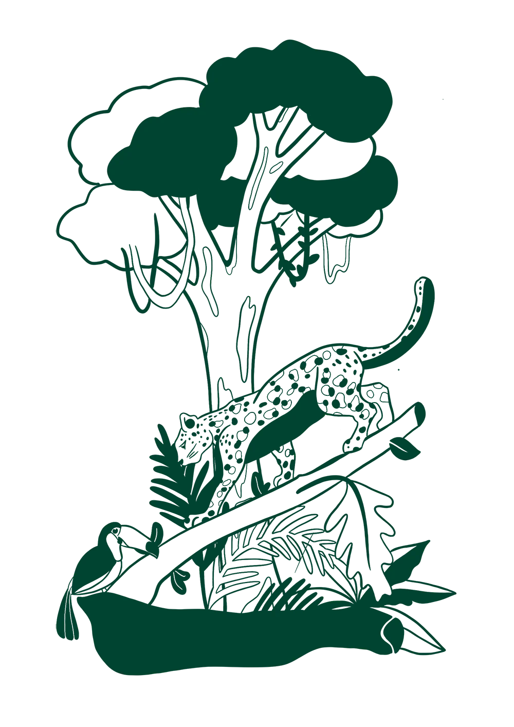 Illustration of a spotted leopard climbing a tree with green foliage, accompanied by a parrot and jungle plants below.