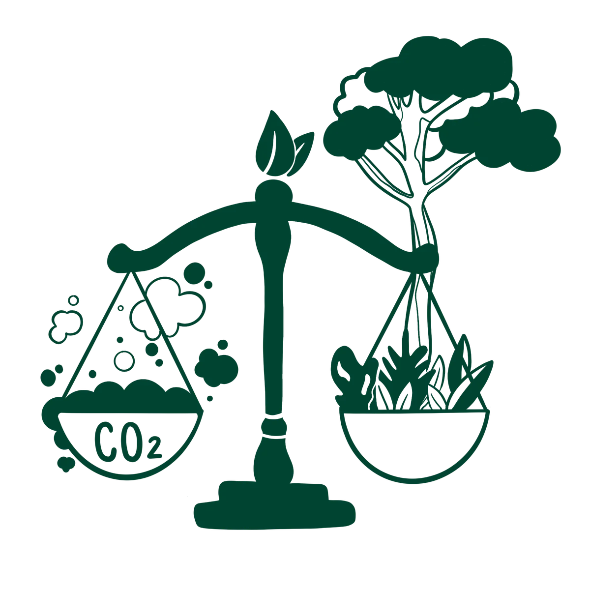 Balance scale showing CO2 emissions on left side and green plants on right side, symbolizing carbon neutrality.