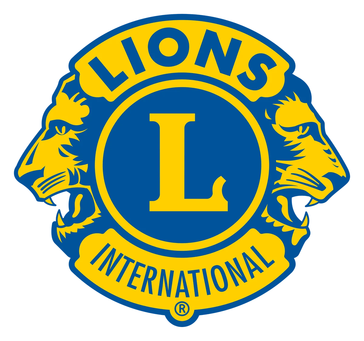 Emblema de Lions International con escudo azul y amarillo, dos leones y letra L grande