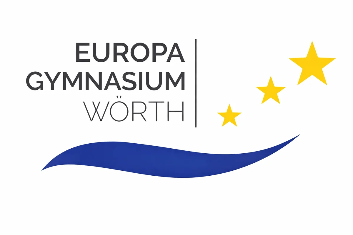Logotipo del Europa Gymnasium Wörth con texto y tres estrellas doradas sobre una onda azul.