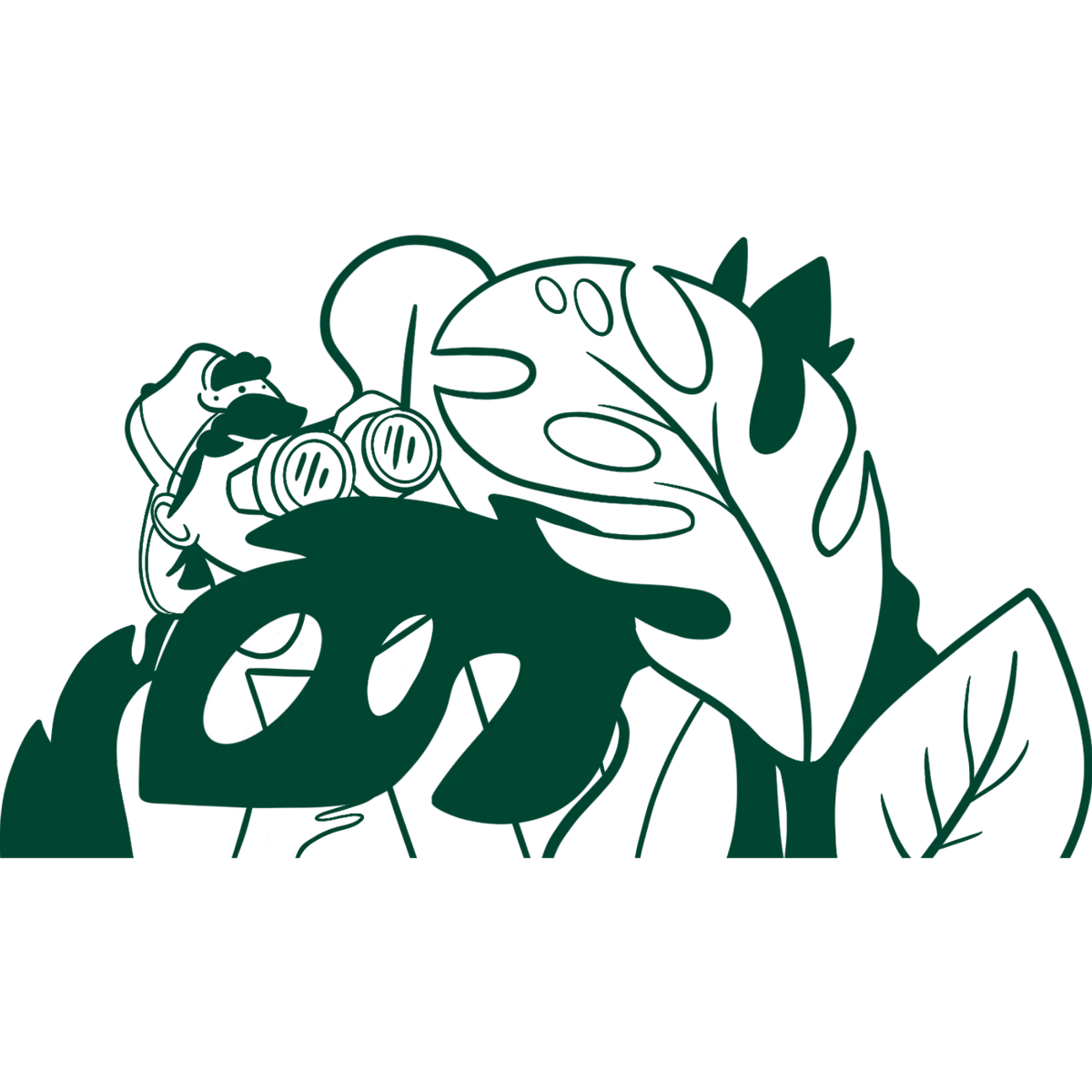 Illustration of a person surrounded by green plants, leaves, and flowers in dark green and white.