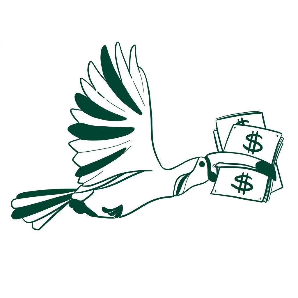 Winged hand holding dollar bills in green line art style illustration.