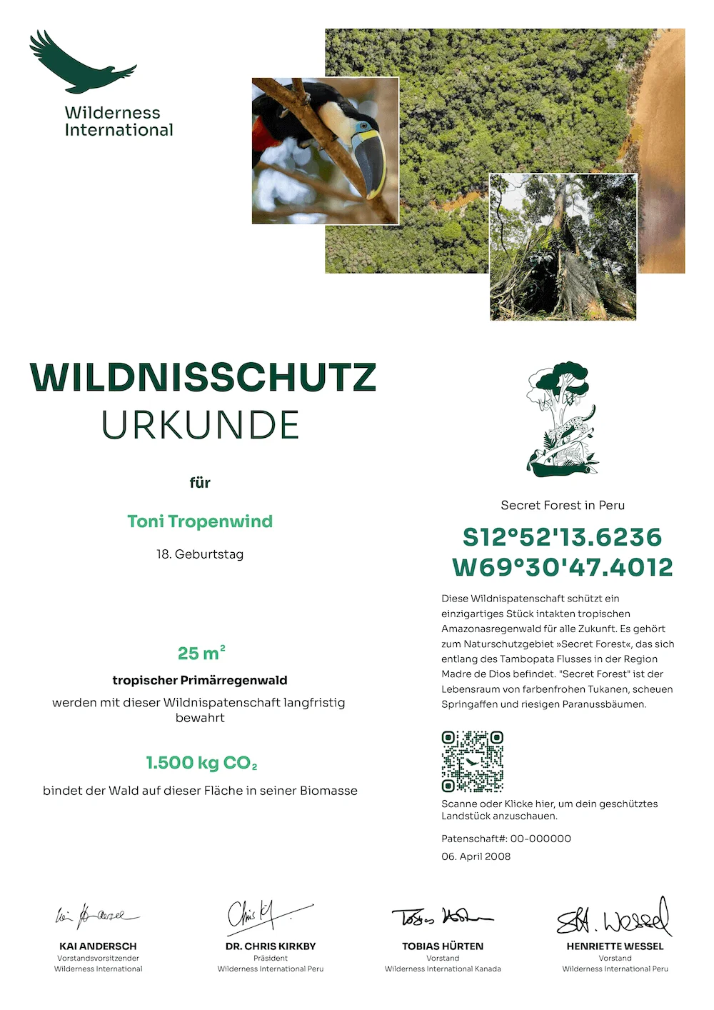 Certificado de conservación de bosque tropical amazónico en Perú con imágenes de ave y selva