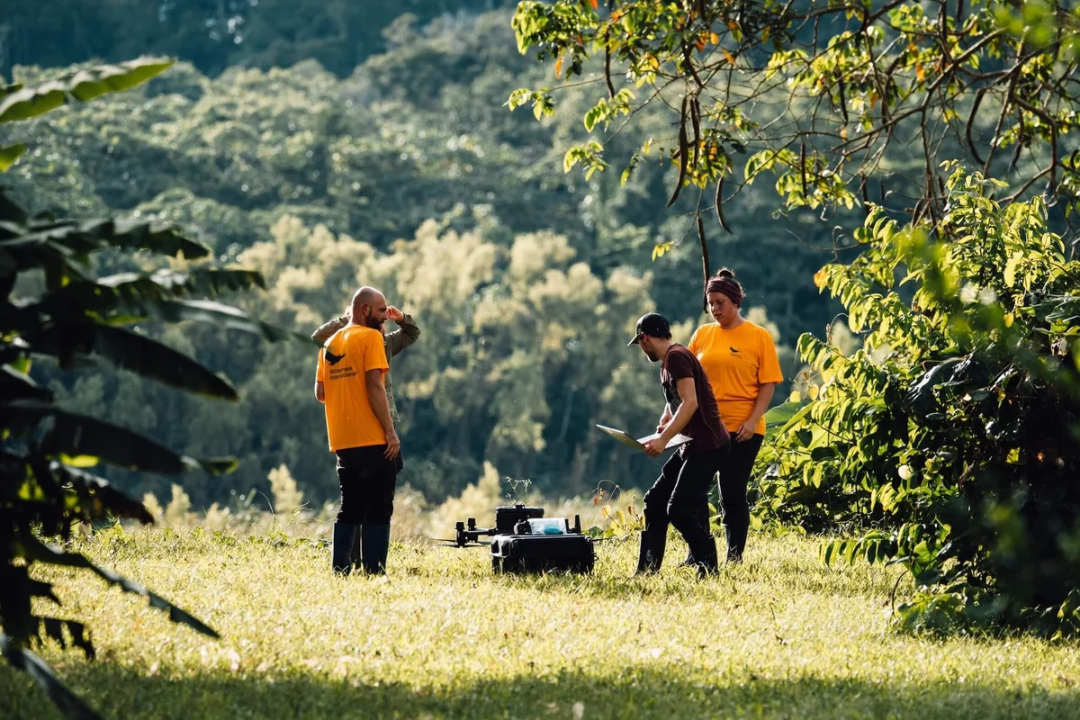 Tres personas con camisetas naranjas realizando trabajo de campo en un valle montañoso boscoso con equipos de medición