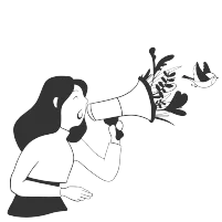 Woman shouting through a megaphone with leaves and birds flying out. Black and white line illustration.