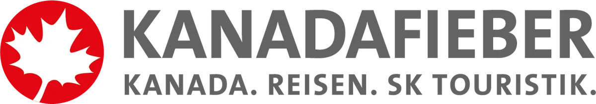Logo Kanadafieber con hoja de arce roja y texto gris: Canadá. Viajes. SK Touristik.
