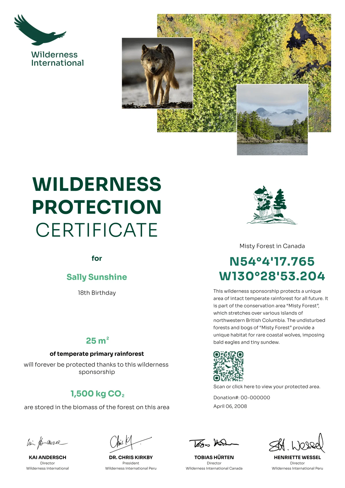Wilderness Protection Certificate for Sally Sunshine's 18th birthday protecting 25 m² of temperate rainforest in Canada.