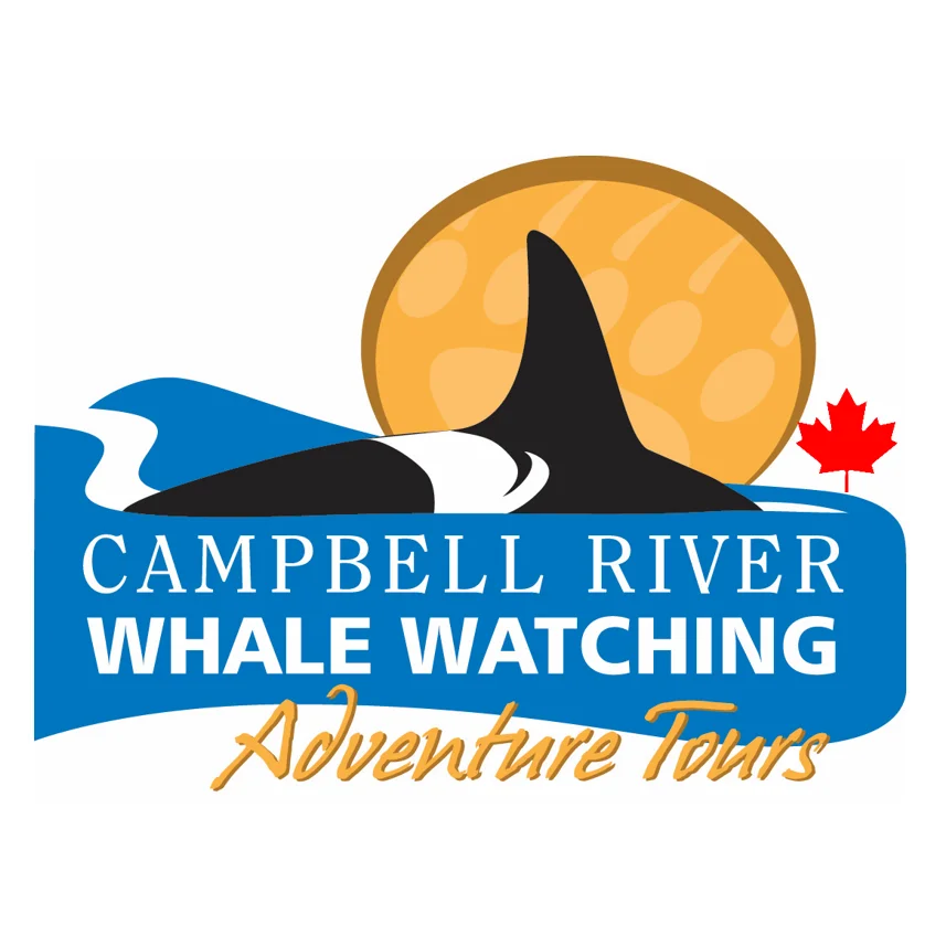 Campbell River Whale Watching Adventure Tours logo featuring an orca, moon, and Canadian maple leaf flag.