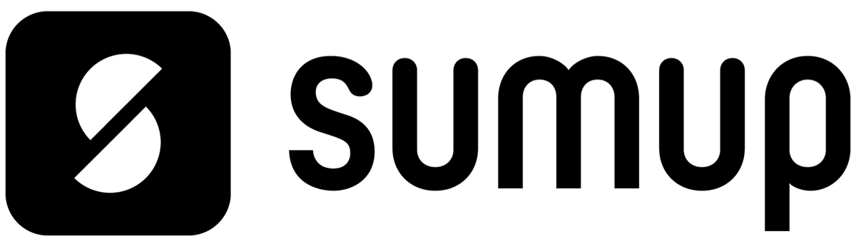 Sumup logo featuring a black square icon with white stylized S symbol, accompanied by bold black 