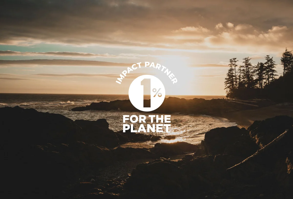 Rocky coastline at sunset with forest, waves, and 