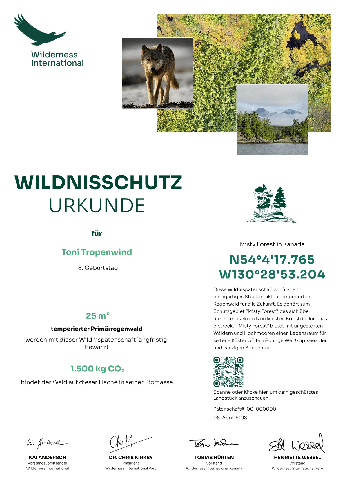 Wilderness International conservation certificate for 25 m² of rainforest in Canada's Misty Forest, sponsored by Toni Tropenwind.