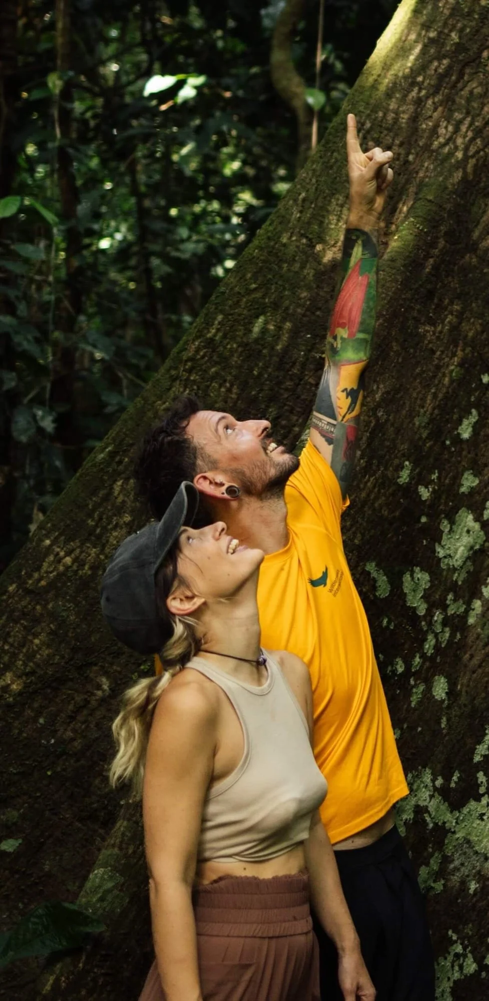 Dos personas escalando un árbol cubierto de musgo en el bosque. Hombre en camisa amarilla y mujer mirando hacia arriba.