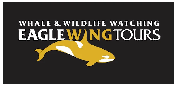 Whale & Wildlife Watching Eagle Wing Tours logo featuring a yellow whale on black background