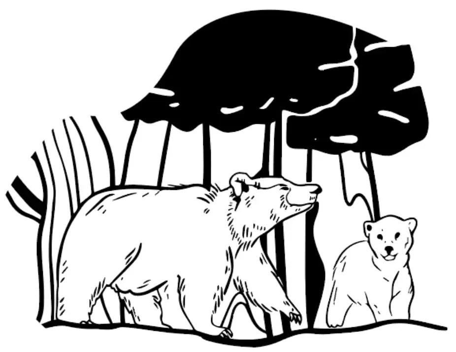 Black and white illustration of a mother bear with two cubs sheltering beneath trees in the wilderness.
