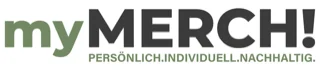 Logo de myMERCH! con texto en verde y negro y el eslogan 