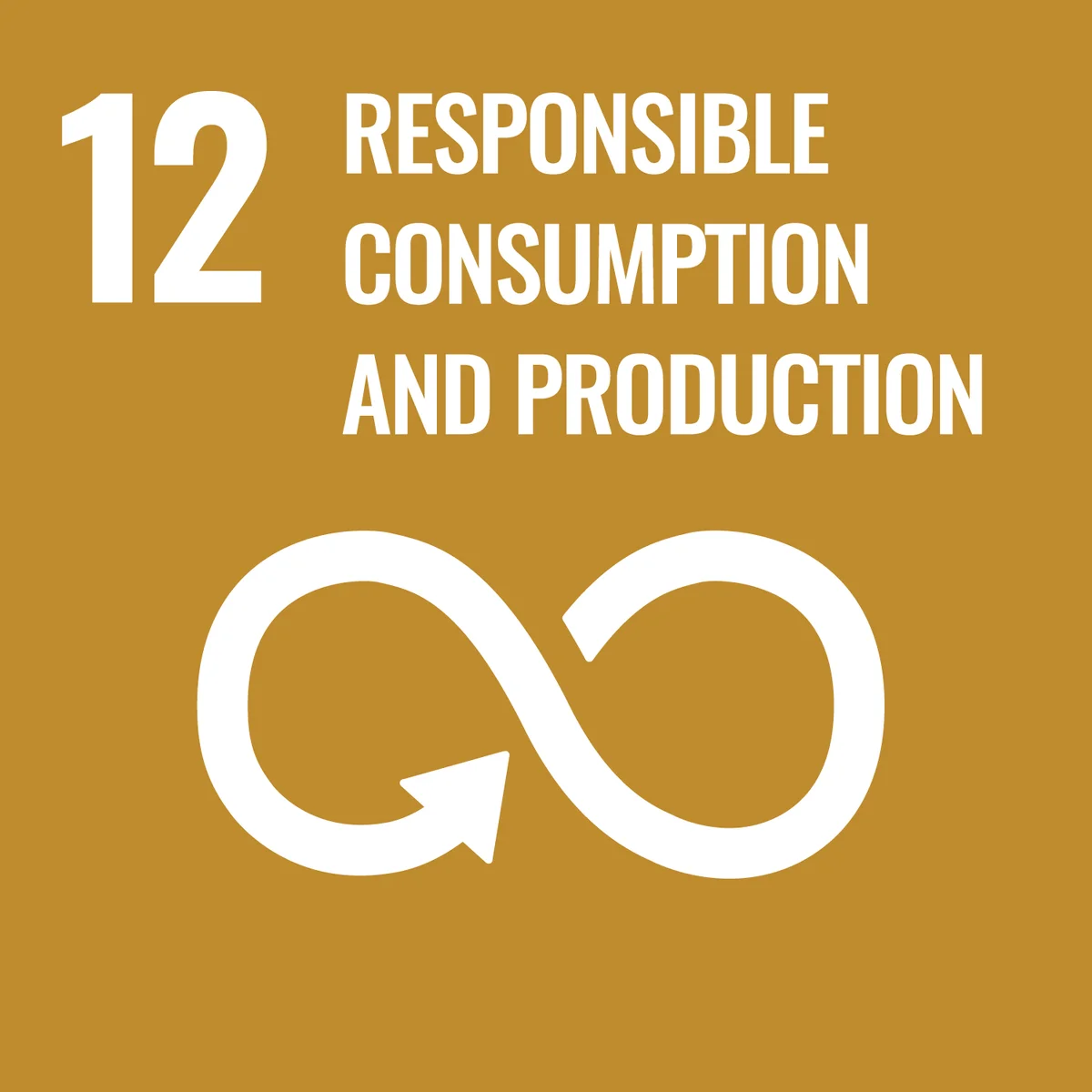 ODS 12: Consumo y Producción Responsable. Fondo dorado con número 12, texto blanco e símbolo de infinito con flecha