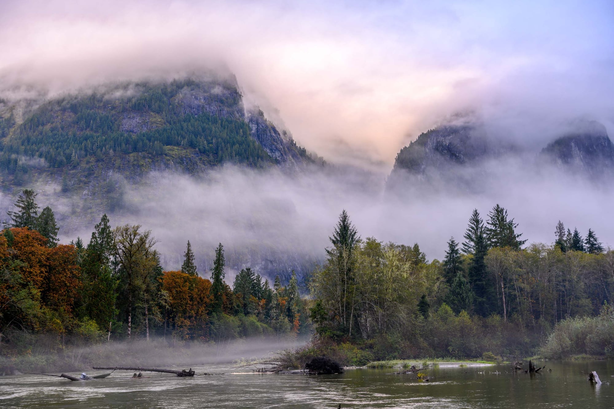Misty mountain valley with forested slopes, a river in the foreground, and fog rolling through dense evergreen and deciduous trees.