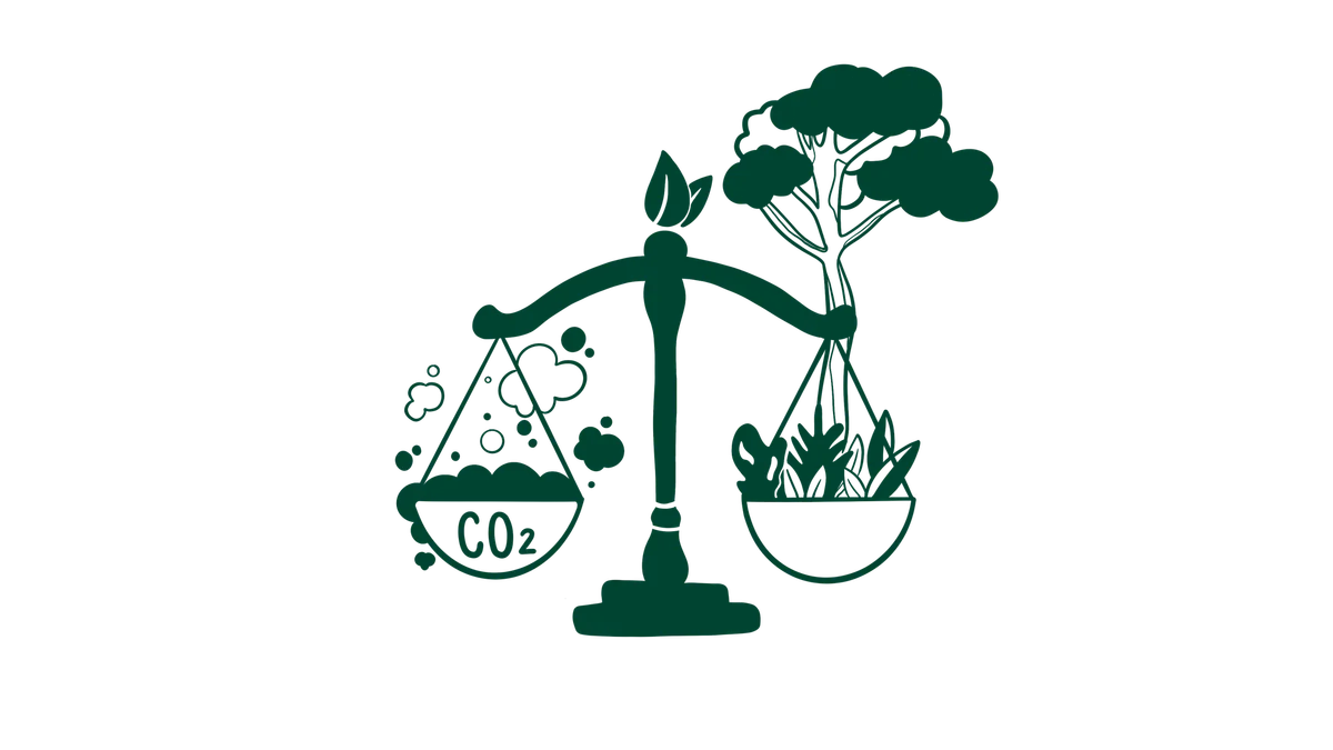 Balance scale showing CO2 container on left side and tree with plants on right side, illustrating environmental balance concept.