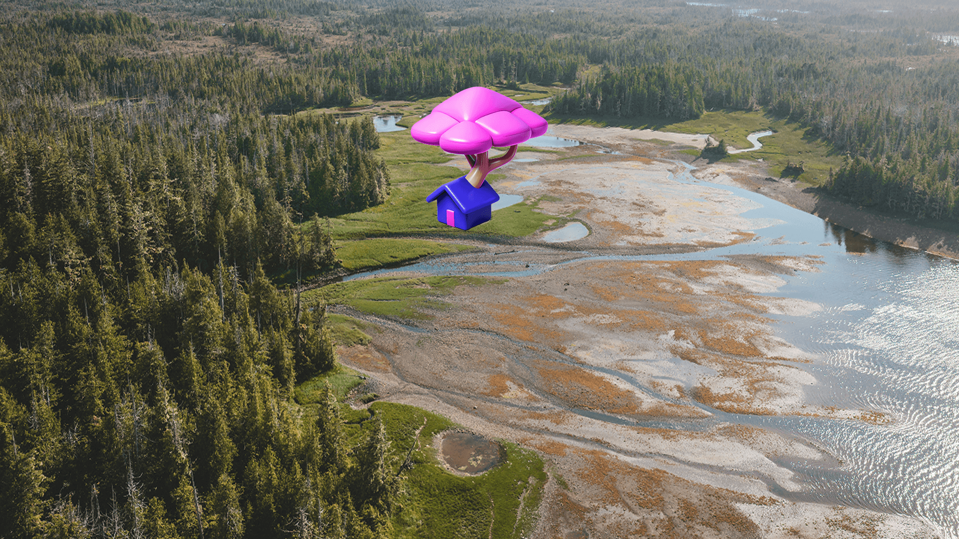 Casa caprichosa con techo rosa en forma de seta gigante en un valle boscoso con río sinuoso.