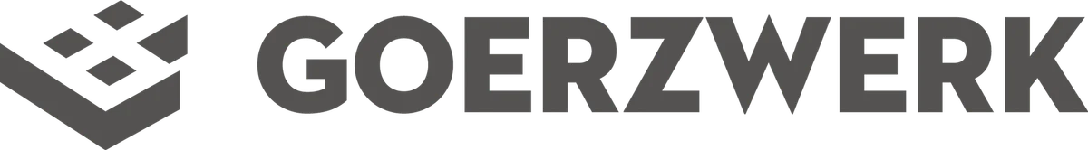 Goerzwerk logo featuring a stylized grey 3D cube with white diamond shapes and bold black text