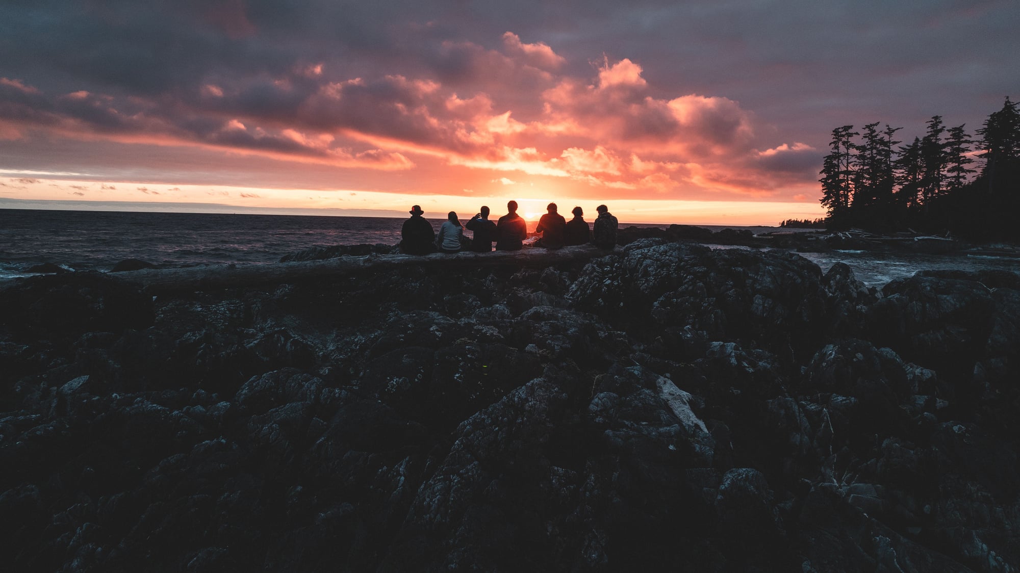 Group of people sitting on rocky shore watching a vibrant sunset over the ocean with evergreen forest silhouetted on the horizon.