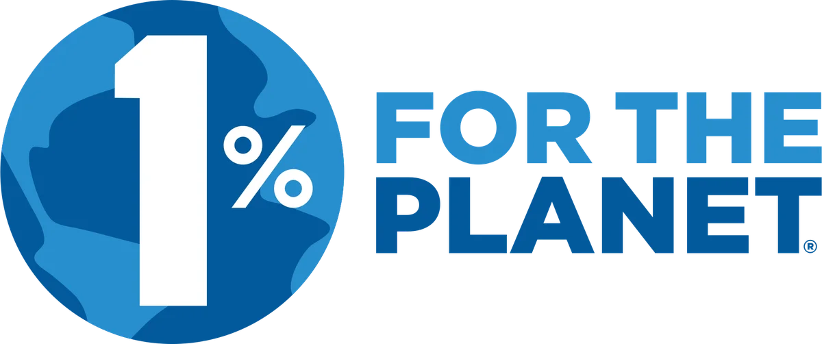 One Percent for the Planet logo featuring a stylized blue globe with white numeral and organization text