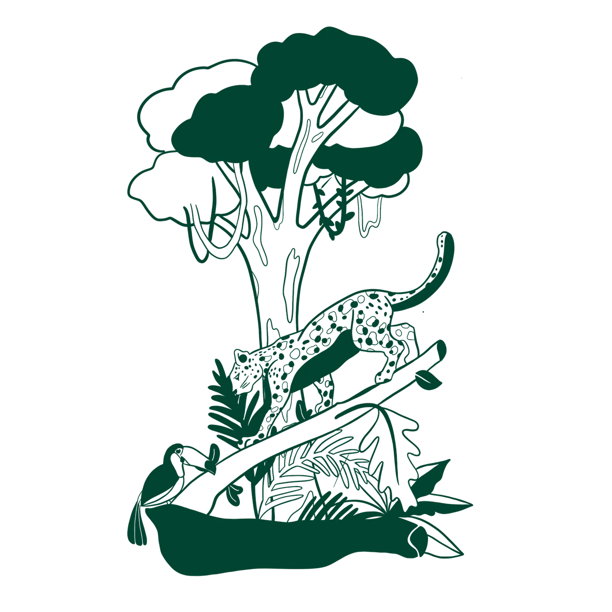 Green line illustration of a leopard beneath a tree with a bird perched on branches, surrounded by leafy plants.
