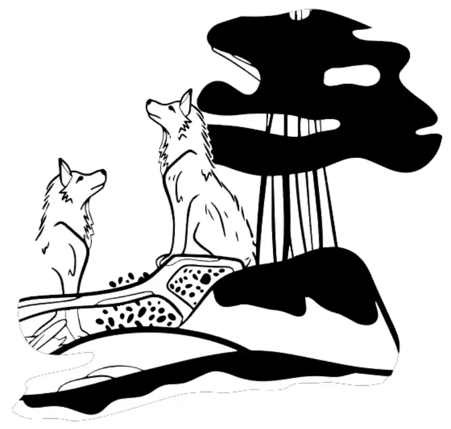 Black and white illustration of a human profile holding two wolves on an arm with abstract geometric shapes.