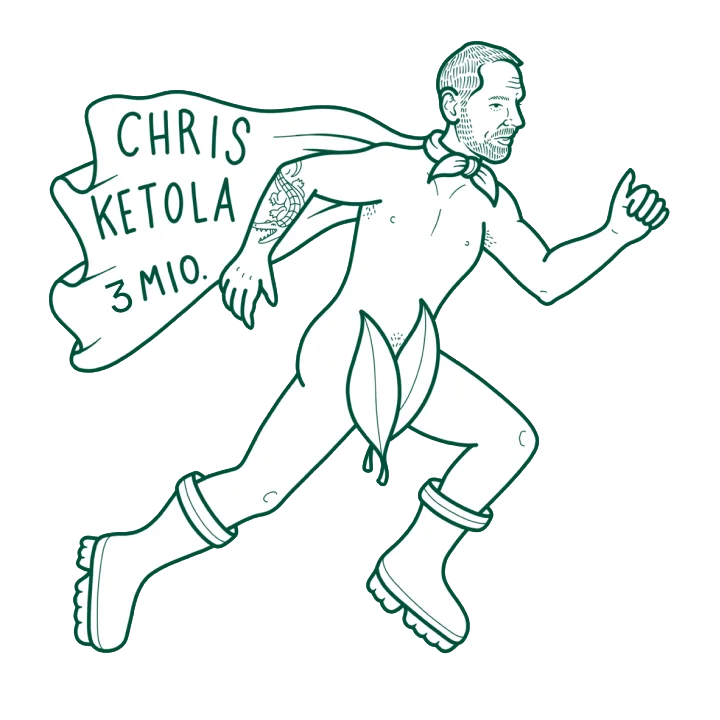 Man running with flowing cape labelled 