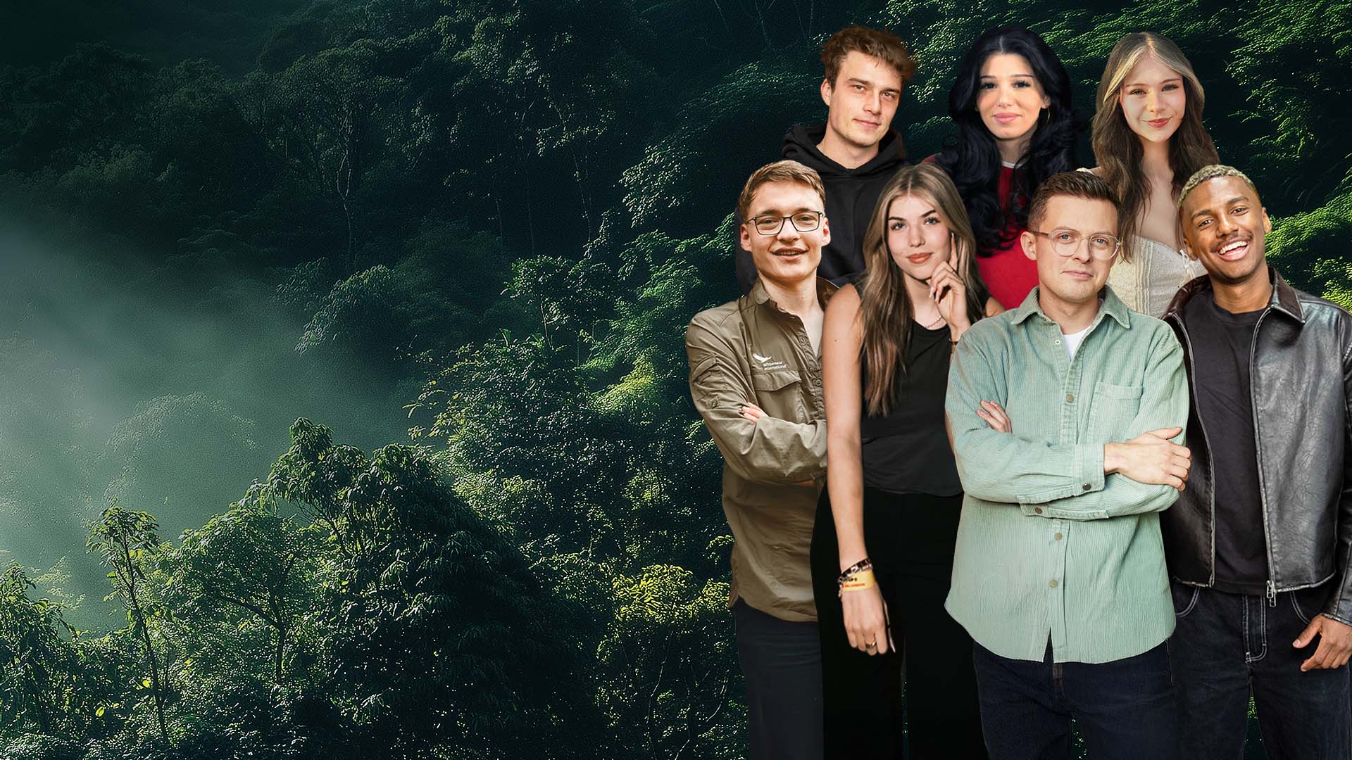 Group of seven young adults smiling at the camera with a lush green forest backdrop behind them.