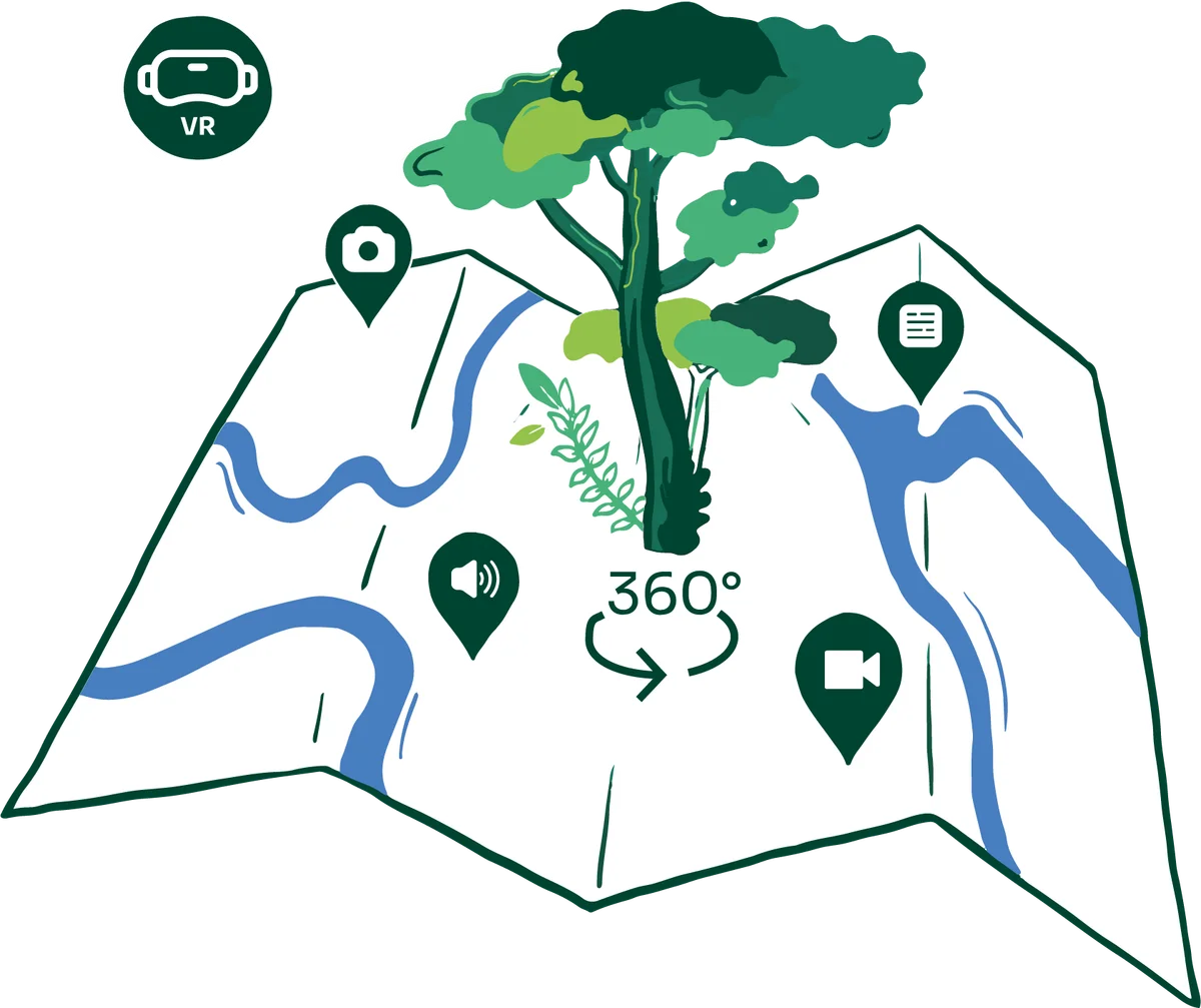 Map illustration showing a tree, waterways, location pins with VR, camera, audio and info icons, 360° symbol, and VR headset badge.